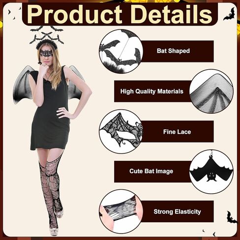 6 قطع من أزياء الخفافيش الهالوين للنساء من Yoiemivy، تتضمن ملحقات الخفافيش أجنحة فراشة سوداء، وعصابة رأس الخفافيش، وقناع العين من الدانتيل، وقلادة الخفاش، وأقراط الخفاش، وجوارب من الدانتيل للحفلات التنكرية in Kuwait