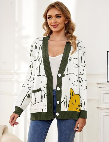 Gihuo Women Cat Sweater Oversized Cute Kawaii Cardigan Knit Graphic V Neck Loose Fit Long Sleeve Cardigan Coat in Kuwait