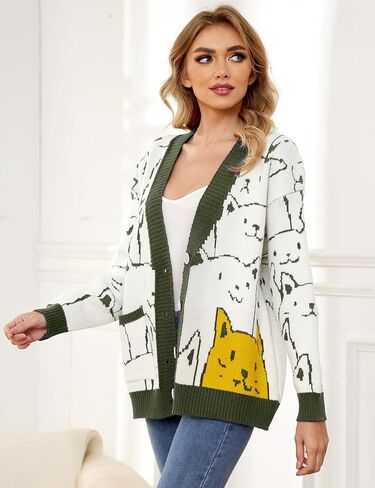 Gihuo Women Cat Sweater Oversized Cute Kawaii Cardigan Knit Graphic V Neck Loose Fit Long Sleeve Cardigan Coat in Kuwait