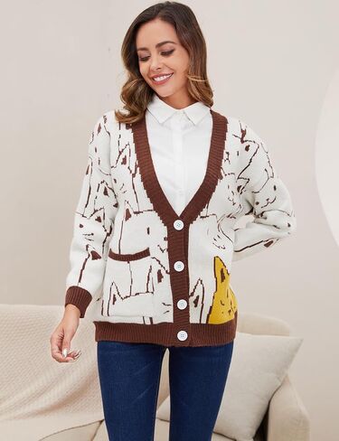 Gihuo Women Cat Sweater Oversized Cute Kawaii Cardigan Knit Graphic V Neck Loose Fit Long Sleeve Cardigan Coat in Kuwait
