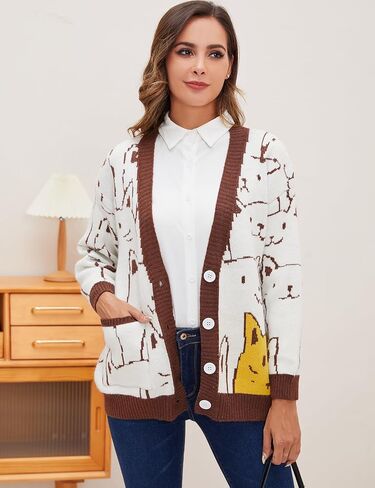 Gihuo Women Cat Sweater Oversized Cute Kawaii Cardigan Knit Graphic V Neck Loose Fit Long Sleeve Cardigan Coat in Kuwait