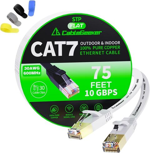 CableGeeker Cat7 Shielded Flat Ethernet Cable, 75 ft, 10Gbps, White | 600MHz, Shielded Flat Design, Gold-Plated RJ45, for Routers, Gaming Setups, Home Offices, and Space-Saving Runs Along Walls in Kuwait