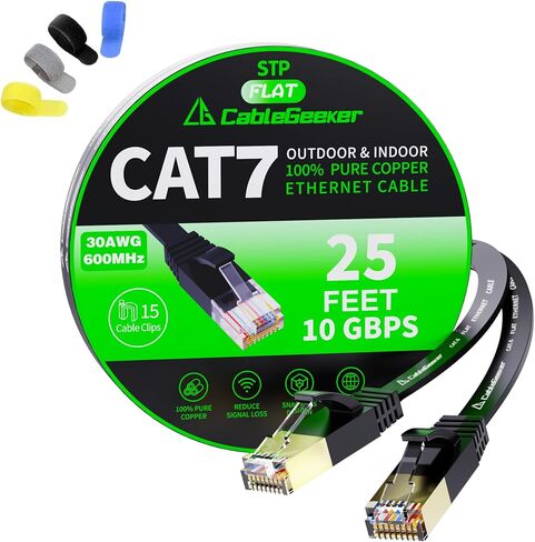 CableGeeker Cat7 Shielded Flat Ethernet Cable, 75 ft, 10Gbps, White | 600MHz, Shielded Flat Design, Gold-Plated RJ45, for Routers, Gaming Setups, Home Offices, and Space-Saving Runs Along Walls in Kuwait