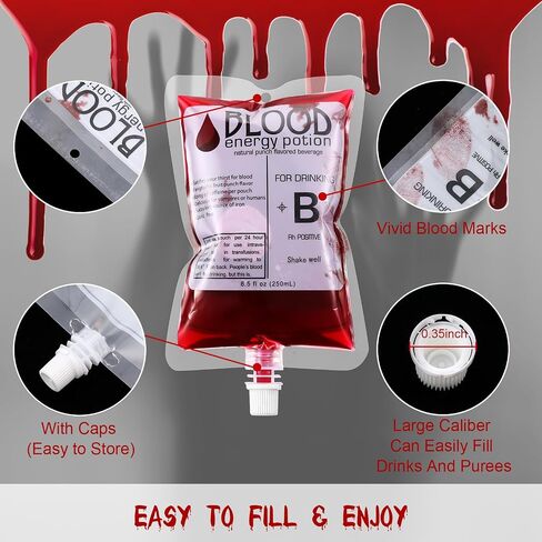 Nuenen 60 Pcs Halloween Blood Bags for Drinking, Vampire Party Drinking Pouches, Juice Puree Bag Reusable Energy Drink Container 8.5 Oz with Cap for Nurse Graduation Party in Saudi Arabia