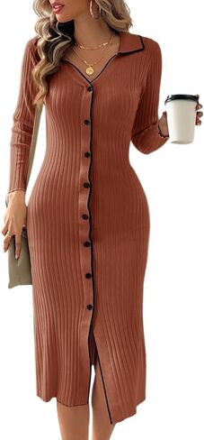 Kate Kasin Women's Long Sleeve V Neck Sweater Dress 2024 Fall Ribbed Knit Lapel Collar Slim Fit Bodycon Midi Dresses in Saudi Arabia
