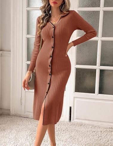 Kate Kasin Women's Long Sleeve V Neck Sweater Dress 2024 Fall Ribbed Knit Lapel Collar Slim Fit Bodycon Midi Dresses in Saudi Arabia