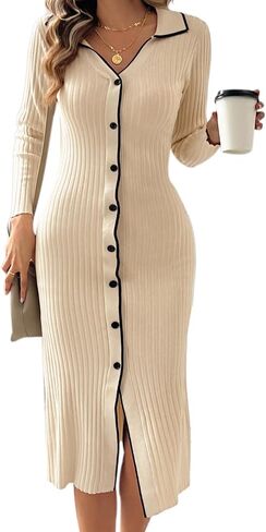 Kate Kasin Women's Long Sleeve V Neck Sweater Dress 2024 Fall Ribbed Knit Lapel Collar Slim Fit Bodycon Midi Dresses in Saudi Arabia