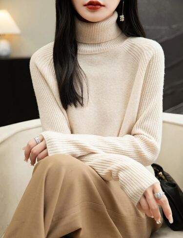 سترة نسائية بياقة مدورة 100% من صوف ميرينو 2024 خريف وشتاء كلاسيكي دافئ ناعم راجلان كم طويل سترة متماسكة in Kuwait