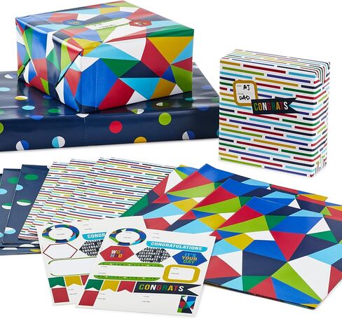 Hallmark Flat Wrapping Paper Sheets with Cutlines on Reverse (12 Folded Sheets with Sticker Seals) Red, Blue, Green, Yellow Geometric, Stripes, Dots for Birthdays, Father's Day, Graduation in Saudi Arabia