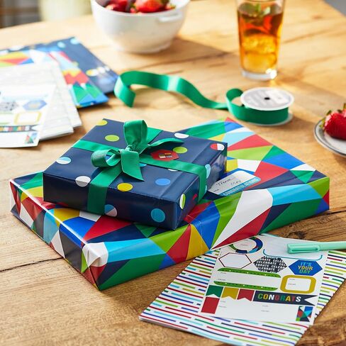 Hallmark Flat Wrapping Paper Sheets with Cutlines on Reverse (12 Folded Sheets with Sticker Seals) Red, Blue, Green, Yellow Geometric, Stripes, Dots for Birthdays, Father's Day, Graduation in Saudi Arabia