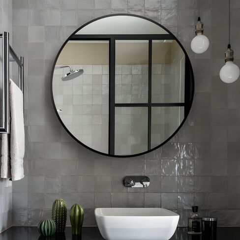 26inch Bathroom Round Mirror,Wall Mounted Vanity Mirror,Steel Frame,Black,Steel Frame in Kuwait