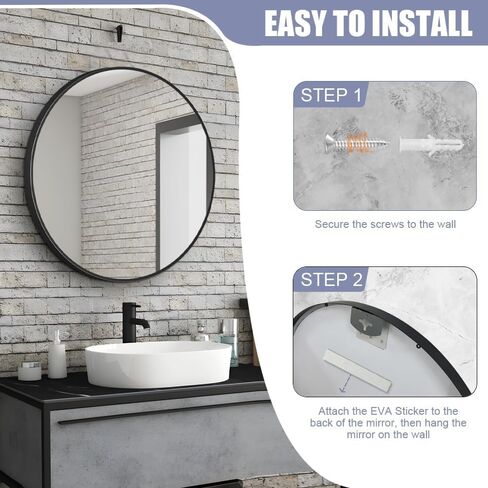 26inch Bathroom Round Mirror,Wall Mounted Vanity Mirror,Steel Frame,Black,Steel Frame in Kuwait