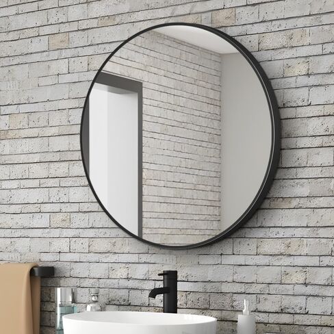 26inch Bathroom Round Mirror,Wall Mounted Vanity Mirror,Steel Frame,Black,Steel Frame in Kuwait