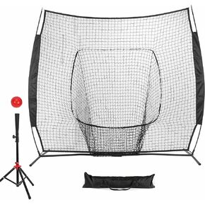 7×7 Baseball Net with Tee Kit, Portable Baseball Net for Hitting and Pitching, Softball Net with Tee, Carry Bag & Weighted Baseball