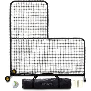 L Screen Baseball for Batting Cage 7x7 ft Pitching Screen with Rubber Wheels Includes Portable Carry Bag Pitching Training Ball and Ground Stakes for Pitcher Protection