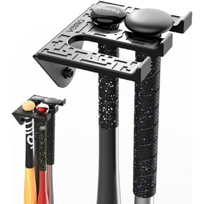 Baseball Bat Holder Wall Mount, Baseball Bat Storage Rack, Holds 4 Bats on Wooden or Concrete Wall, Metal Bat Hanger with Fully Wrapped Rubber Mat, Hardware Included