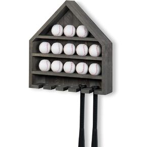 MyGift Vintage Gray Wood Home Plate-Shaped Wall Mounted Baseball and Bat Storage Display Shelf Rack