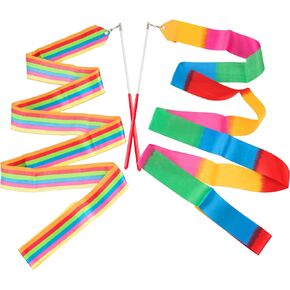 ANCIRS 4 Pack 2-Meter Dance Ribbons, Rainbow Streamers Rhythmic Gymnastics Ribbon, Baton Twirling Wands on Sticks for Artistic Dancing