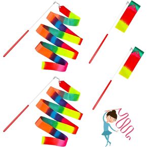 4 Pcs Dance Ribbons, Rainbow Ribbon, Rainbow Twirler Stick, 78.7Inch Rhythmic Gymnastics Ribbon, Ribbon Dancer Wand for Kids, Adults, Fits Artistic Dancing Gymnastics, Outdoor Play, Talent Shows