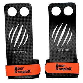Bear KompleX 2 and 3 Hole Carbon Hand Grips for Crossfit Workouts, Pull-ups, Weightlifting, WOD Gymnastics, Crosstraining Palm Grips with Wrist Wraps, Hand Protection from Rips and Blisters,1 Pair