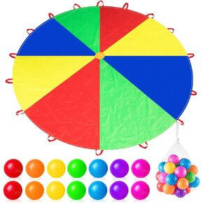 19.7ft Rainbow Parachute Toy with Handles and 30 Plastic Colorful Ocean Balls Parachute Games for Kids Indoor Outdoor Gym Tent Game Equipment (19.7 ft)