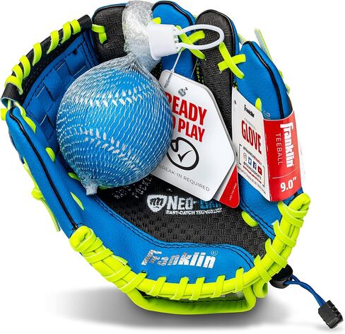 قفاز Franklin Sports Teeball - قفاز شبابي لليسار واليمين - قبضة نيو - قفاز بيسبول من الجلد الصناعي - 9.0 بوصة - قفاز جاهز للعب مع الكرة in Kuwait