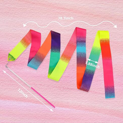Abeillo 2pcs Rhythmic Dance Ribbons, 78.7 Inch Gymnastics Ribbon Dancer Wand Dancing Ribbon Streamers for Kids, Fits Artistic Dancing Gymnastics, Circus Carnival Shows, Baton Stick Twirling in Saudi Arabia