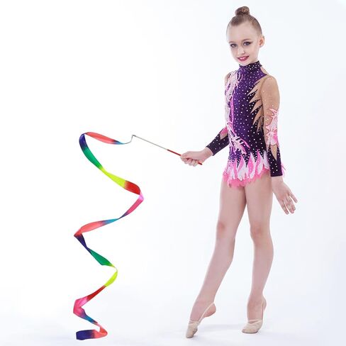 Abeillo 2pcs Rhythmic Dance Ribbons, 78.7 Inch Gymnastics Ribbon Dancer Wand Dancing Ribbon Streamers for Kids, Fits Artistic Dancing Gymnastics, Circus Carnival Shows, Baton Stick Twirling in Saudi Arabia