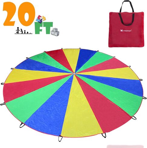 Voilamart Parachute 20FT 16 FT Play Parachute للأطفال الأطفال قوس قزح المظلة للأطفال مع مقابض حقيبة حمل مضغوطة للعب الجماعي التعاوني في الهواء الطلق in Kuwait