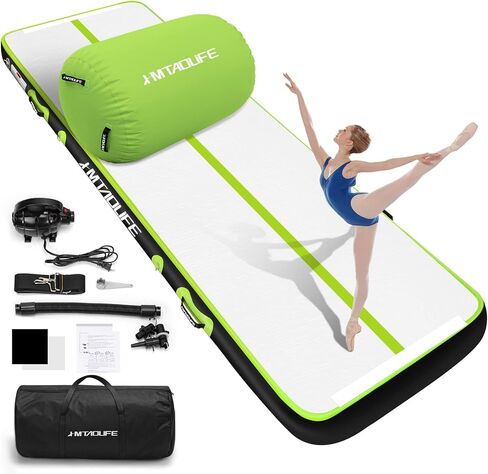 Gymnastics Mat Air Tumble Track[with SHOULDER STRAP], 6.6/10/13/16/20ft Inflatable Training for Kids, Thickness Floor with Electric Pump Home/Water Fun/Train New Green/White in Saudi Arabia