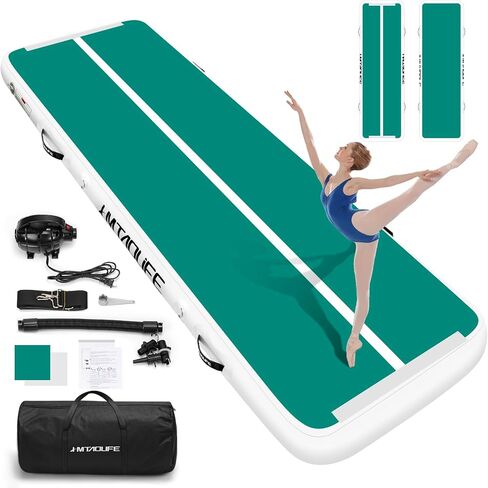 Gymnastics Mat Air Tumble Track[with SHOULDER STRAP], 6.6/10/13/16/20ft Inflatable Training for Kids, Thickness Floor with Electric Pump Home/Water Fun/Train New Green/White in Saudi Arabia