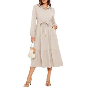 BerryGo Women's Long Sleeve V Neck Tiered Flowy Maxi Shirt Dress for Wedding Guest Casual High Waist Swing A-Line Long Dress