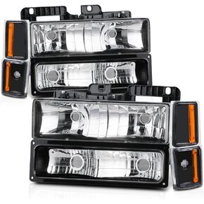 M-AUTO 8PCS Headlights Headlamps Assembly Set Compatible with92-93 Chevy C /K1500 2500 Suburban Blazer Full Size, OE Style Left Right Side Head lamps Black Housing Amber Corner