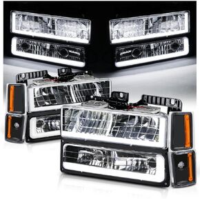 M-AUTO 8PCS Headlights Headlamps Assembly Set Compatible with92-93 Chevy C /K1500 2500 Suburban Blazer Full Size, OE Style Left Right Side Head lamps Black Housing Amber Corner