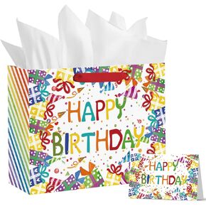 Horaldaily 13" Large Birthday Gift Paper Bags with Tissue Paper and Card, Happy Birthday Ballons Gift Paper Bag for Men Women Kids Birthday,1Pcs