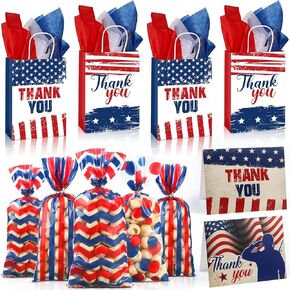 Pasimy 132 Pieces Patriotic Gift Supplies 24 Veterans Day Paper Treat Bags with Tissue Paper and Handle 60 Red White Blue Plastic Goodie Candy Bags 24 Thank You Gift Cards for Memorial Day 4th of July