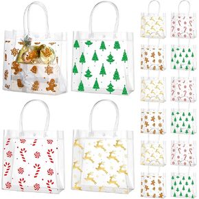 Zhanmai 24 Pcs Christmas Clear Plastic Gift Bags with Handle Reusable Gift Wrap Tote Bag Xmas Tree Gingerbread Candy Reindeer Transparent PVC Party Favor Bags for Christmas, 8 x 8 x 3.15 Inches
