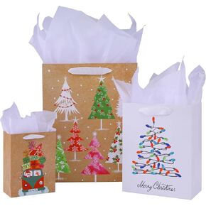 SUNCOLOR 9 Pack Christmas Gift Bags Assorted Sizes With Tissue paper (3 Large 13", 3 Medium 9", 3 Small 6",Brown)