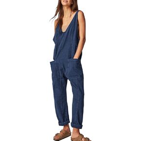 Dressy High Roller Denim Jumpsuit for Women Casual Sleeveless Loose Fit Overalls Jeans Pants Jumpers with Pockets(Blue-M)
