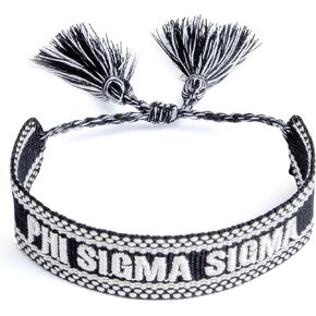 Sorority Shop Phi Sigma Sigma Bracelet — Woven Bracelet, Black and White Design with PSS Sorority Name and Tassels, Greek Sorority Jewelry and Big Little Sorority Gifts