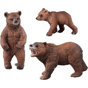 Pack of 3 Grizzly Bear Figures Toy, Forest Bear Animal Figurines Set Cake Topper Woodland Animal Party Supplies Baby Shower Brown Bear Home Office Decoration