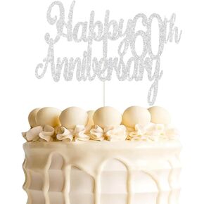 Happy 60th Anniversary Cake Topper,Cheers to 60 Years, Sixtieth Wedding Anniversary Party Decorations (Double Sided Sliver Glitter）1