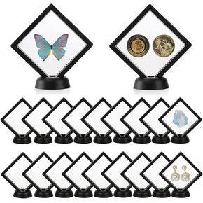 20 PCS 3D Floating Display Case, Transparent PE Jewelry Storage Box, Black Coin Display Frame Stand Holder for Medals, Jewelry, Gems, Coins, , 3.5 x 3.5 x 0.8 Inches (Black)