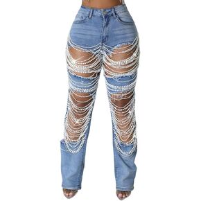 DINGANG Women's Cut Out Straight Leg Ripped Jeans with Rhinestones Pearl Bling Distressed Stretchy Denim Pants