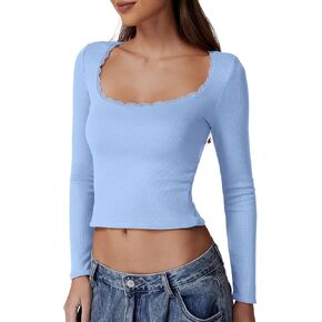 QINSEN Women's Sexy Scoop Neck Long Sleeve Shirt Ribbed Lace Slim Fit Tops Going Out Tees