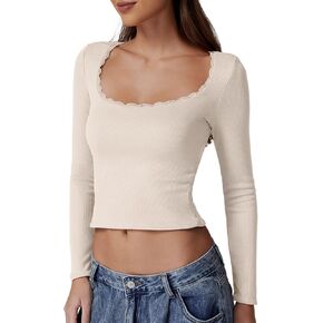 QINSEN Women's Sexy Scoop Neck Long Sleeve Shirt Ribbed Lace Slim Fit Tops Going Out Tees