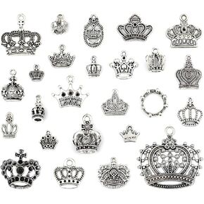 JIALEEY Crown Charms Pendants Beads, Vintage Silver Multistyle Crown Charm Pendant Connector for DIY Jewelry Making Accessaries Craft Supplies Bulk Lots, 25 Pcs