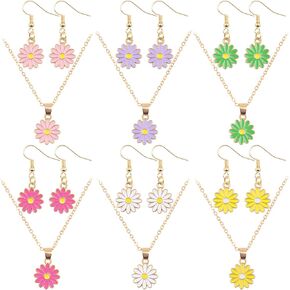 6 Sets Colorful Enamel Daizy Flower Pendant Necklaces Alloy Cute Flower-shaped Charms Y Necklaces with Earring Hooks for DIY Earrings Jewelry Making Decoration Gifts