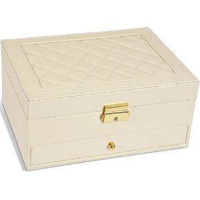 2-Layer Jewelry Box for Women, Jewelry Organizers and Storage with Removable Jewelry Tray, Vintage Quilted Top Lockable Jewelry Holder Gift Idea