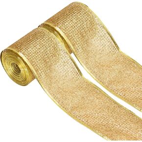 Christmas Metallic Glitter Ribbon for Gift Wrapping Christmas Tree Wreath DIY Crafts, Gold Web Mesh Wired Edge Ribbons Christmas for Home Farmhouse Party Decoration, 2.5" x 10 Yards x 2 Roll